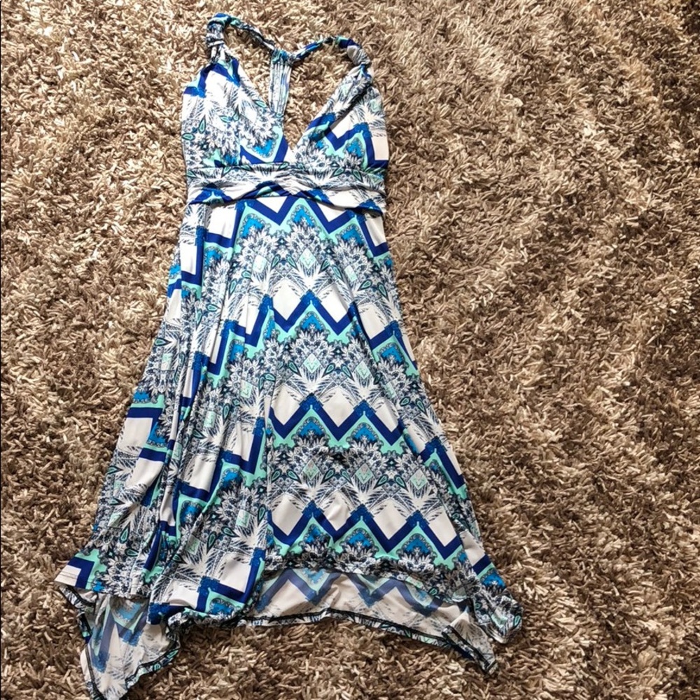 Blue, Green, White Sundress - Asymmetrical Hemline